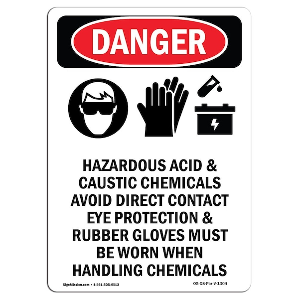 Safety Sign, OSHA Danger, 5" Height, Hazardous Acid And Caustic, Portrait, 10PK